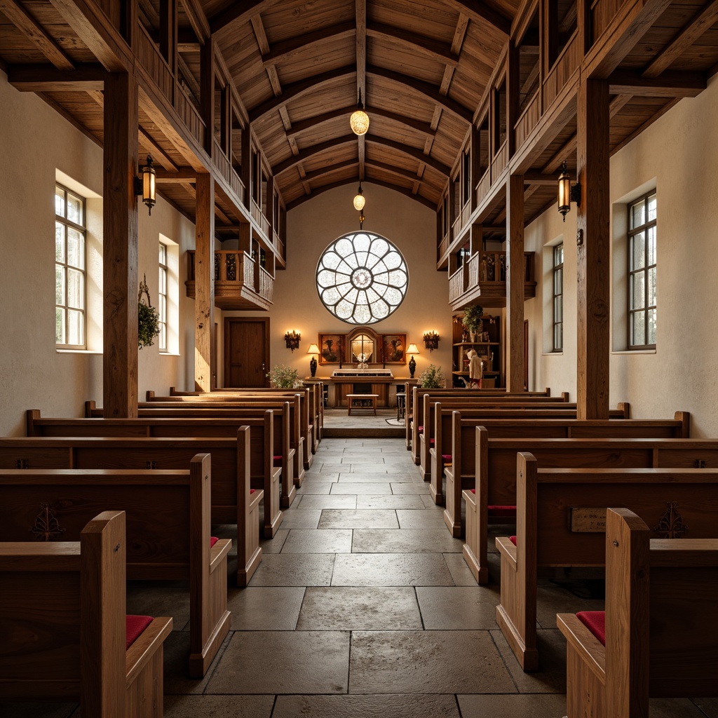 Prompt: Rustic wooden pews, handcrafted wooden altars, ornate stone carvings, stained glass windows, vaulted ceilings, warm candle lighting, rich velvet upholstery, traditional Christian symbols, intricate wooden paneling, natural stone flooring, earthy color palette, cozy ambiance, warm beige tones, soft diffused lighting, shallow depth of field, 2/3 composition, realistic textures, ambient occlusion.