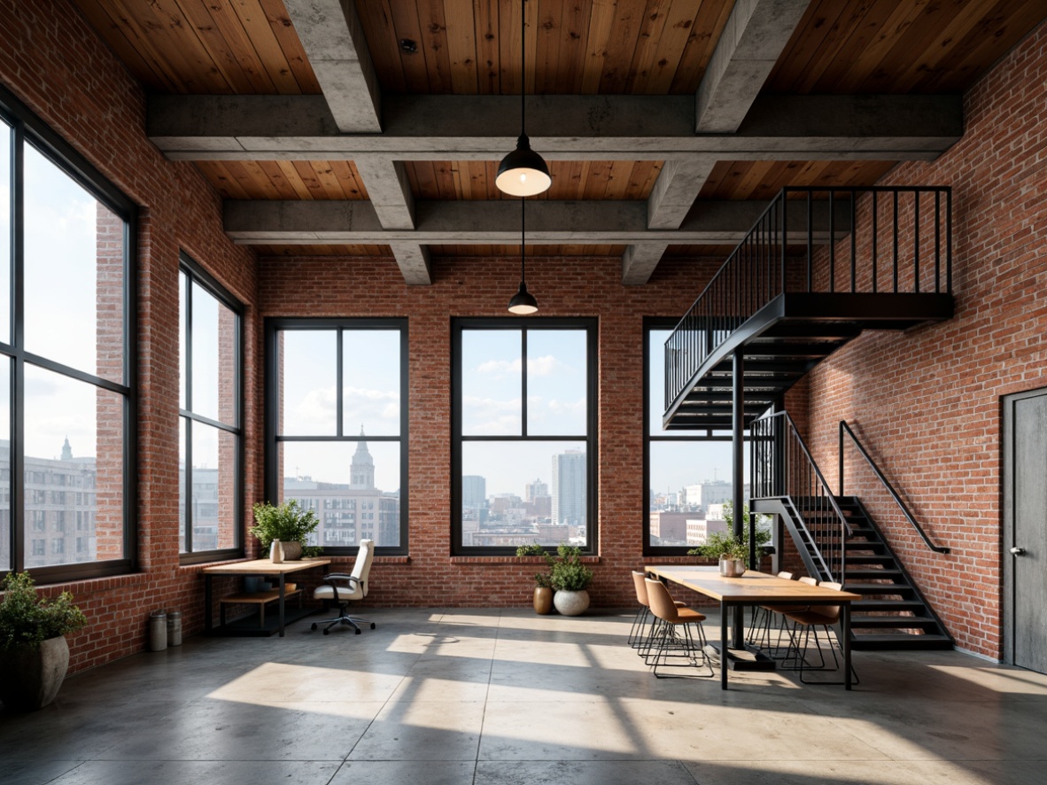 Prompt: Exposed brick walls, reclaimed wood accents, metal beam ceilings, industrial-style lighting fixtures, distressed concrete floors, urban loft atmosphere, exposed ductwork, metal staircases, minimalist decor, functional workspaces, modern industrial design, steel windows, warehouse-inspired architecture, rustic metal doors, overhead cranes, concrete pillars, urban cityscape, cloudy day, soft natural lighting, shallow depth of field, 2/3 composition, realistic textures, ambient occlusion.