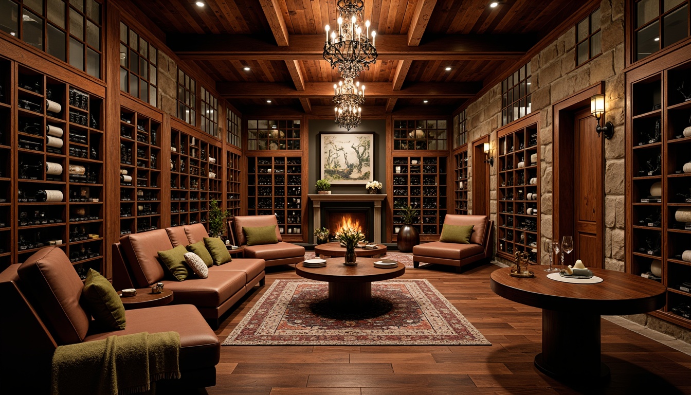 Prompt: Luxurious wine cellar, dark wood tones, rich leather upholstery, ornate metalwork, dim warm lighting, ambient shadows, rustic stone walls, wooden barrels, wine racks, glass-enclosed cabinets, climate-controlled environment, humidifier systems, soft instrumental music, intimate seating areas, plush area rugs, elegant chandeliers, sophisticated color palette, fine art pieces, decorative vases, richly textured fabrics.