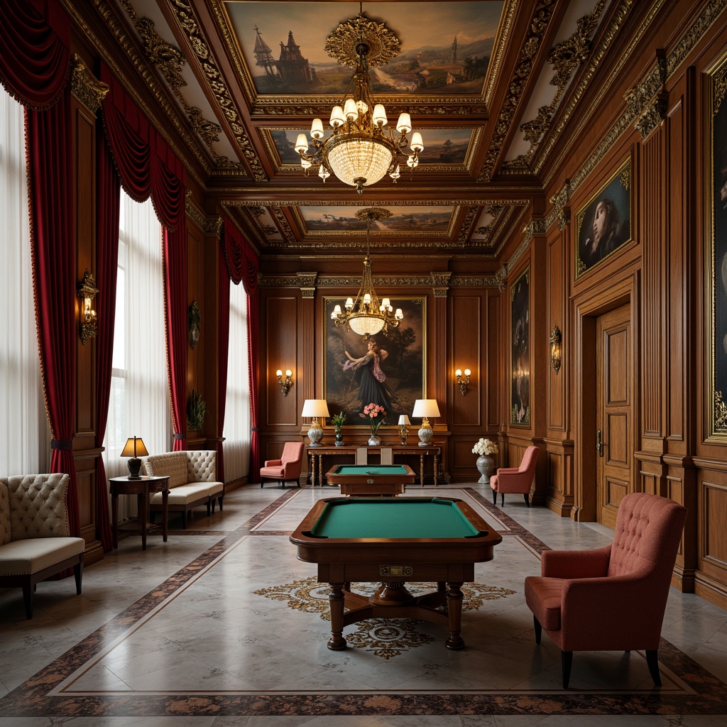 Prompt: Ornate game room, rich wood paneling, intricately carved moldings, grandiose chandeliers, luxurious velvet drapes, gilded frames, ornamental cornices, majestic columns, frescoed ceilings, marble floors, elegant furniture, tufted upholstery, subtle gold accents, warm soft lighting, cinematic depth of field, 2/3 composition, symmetrical framing, realistic textures, ambient occlusion.