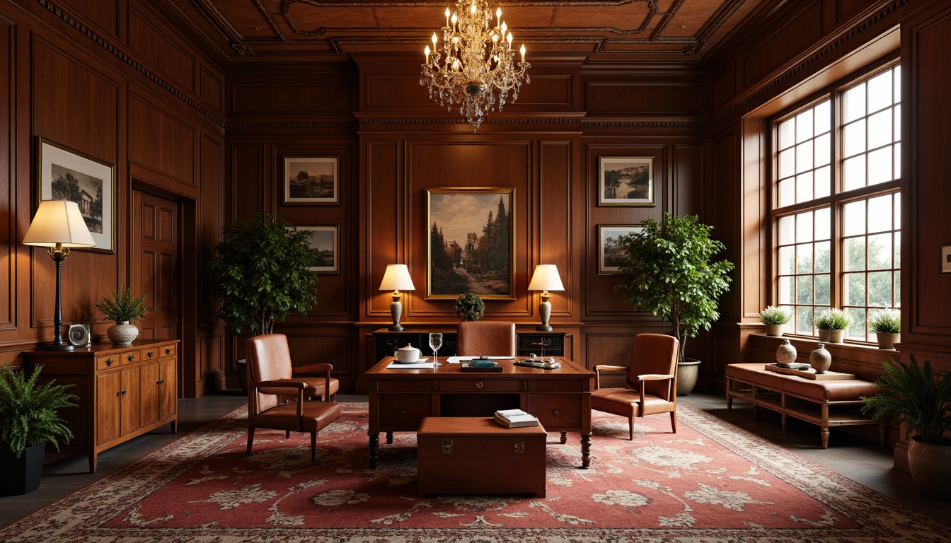 Prompt: Warm traditional office space, wooden furniture, leather armchairs, rich carpeting, classic lamp fixtures, soft warm lighting, subtle shadows, cozy atmosphere, elegant chandeliers, ornate ceiling details, solid wood paneling, comfortable workstations, vintage decorative items, subtle color palette, natural materials, harmonious textures, 1/1 composition, realistic rendering, ambient occlusion.