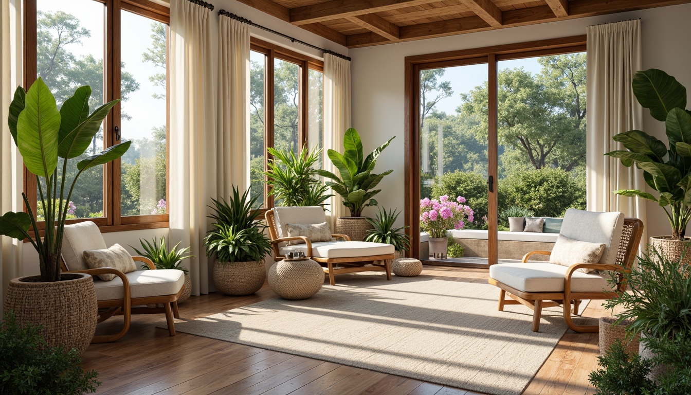 Prompt: Vibrant sunroom, bright natural light, warm earthy tones, creamy whites, soft grays, calming blues, lush greenery, floral patterns, wooden accents, rattan furniture, tropical plants, glass windows, sliding doors, cozy textiles, ambient lighting, 1/2 composition, realistic shadows, natural materials.