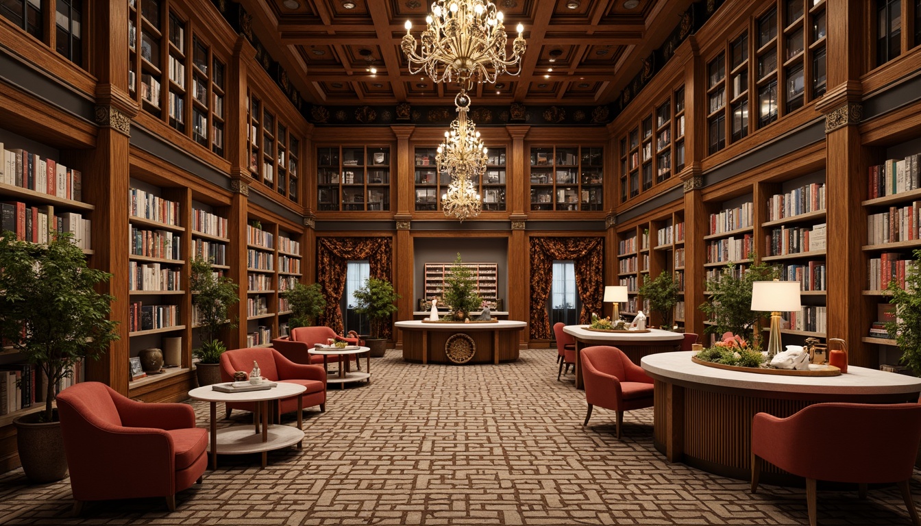 Prompt: Luxurious bookstore, Art Deco style furniture, rich wood tones, ornate metalwork, geometric patterns, velvet armchairs, marble countertops, bronze fixtures, intricate moldings, high ceilings, grand chandeliers, warm ambient lighting, soft focus, shallow depth of field, 1/1 composition, realistic textures, ambient occlusion.