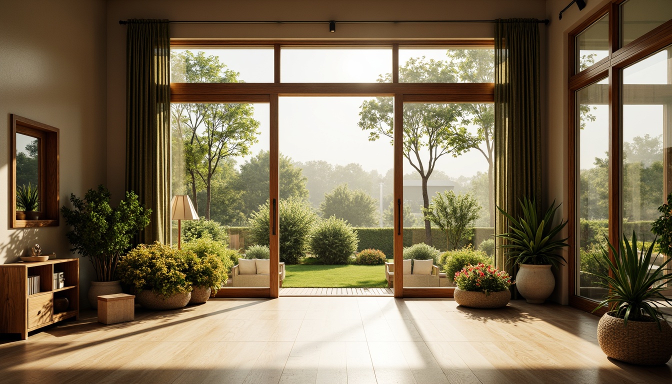 Prompt: Bright natural light, warm sunlight, soft shadows, cozy atmosphere, minimalist decor, large windows, sliding glass doors, open floor plans, airy spaces, greenery views, lush plants, vibrant flowers, wooden accents, earthy tones, organic textures, subtle color palette, 1/1 composition, shallow depth of field, realistic lighting effects, ambient occlusion.