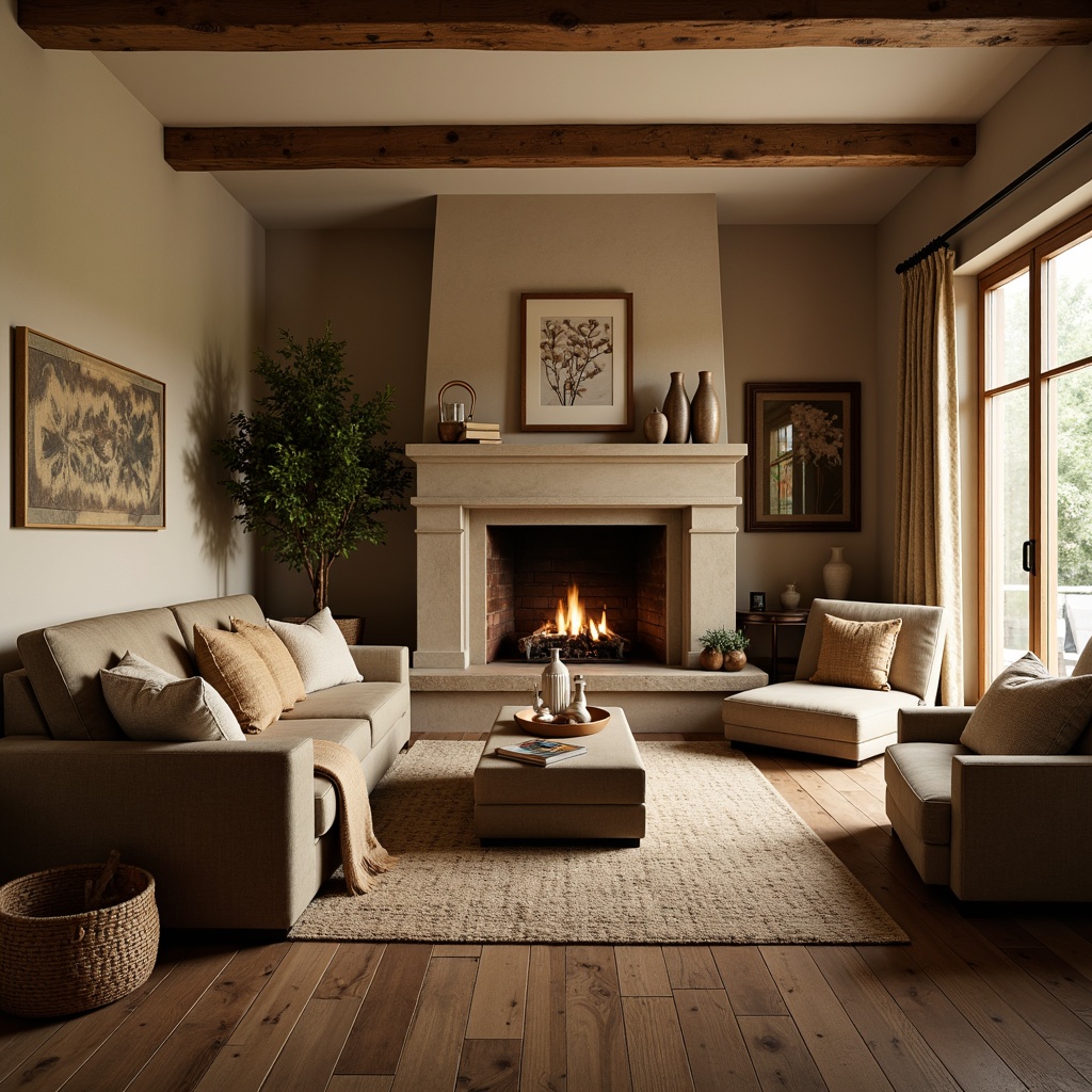 Prompt: Cozy living room, plush throw blankets, soft velvet sofas, warm beige walls, rustic wooden floors, crackling fireplace, comfortable oversized armchairs, natural fiber rugs, earthy tone fabrics, woven baskets, vintage decorative pillows, subtle patterned curtains, warm golden lighting, shallow depth of field, 1/2 composition, inviting atmosphere, realistic textures, ambient occlusion.