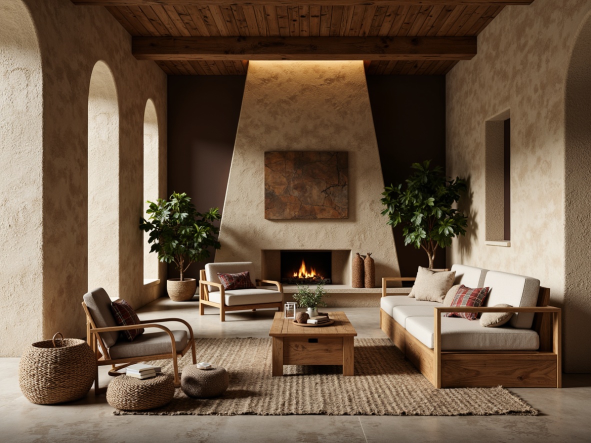 Prompt: Cozy living room, textured stone walls, earthy color palette, natural materials, rustic wooden furniture, warm ambient lighting, plush area rug, comfortable seating arrangement, greenery accents, modern minimalist decor, soft focus photography, shallow depth of field, 1/2 composition, realistic textures, subtle shadowing.