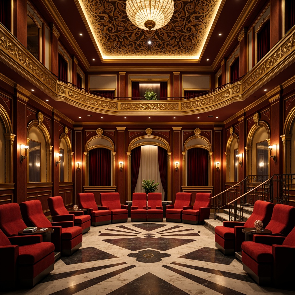 Prompt: Luxurious cinema interior, ornate gold accents, velvet drapes, plush red seats, curved lines, geometric patterns, marble floors, crystal chandeliers, decorative mirrors, opulent furnishings, lavish textiles, rich wood tones, warm golden lighting, shallow depth of field, 3/4 composition, cinematic camera angles, nostalgic film noir atmosphere, vintage movie props, grandiose staircases, intricate moldings, Art Deco motifs.