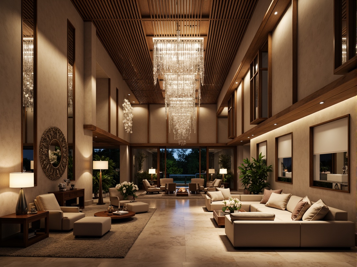 Prompt: Modern luxury villa, high ceilings, grand chandeliers, crystal drops, elegant pendant lights, sophisticated sconces, ambient floor lamps, warm cozy atmosphere, soft warm lighting, layered lighting effects, dramatic shadows, minimalist decor, sleek lines, neutral color palette, polished marble floors, lavish furnishings, opulent textiles, ornate mirrors, luxurious ambiance, 1/1 composition, shallow depth of field, realistic reflections.