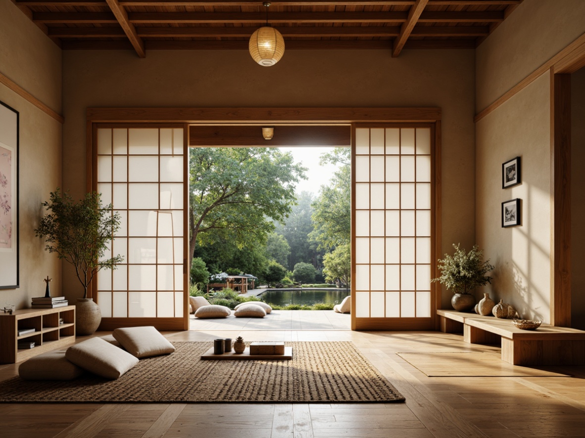 Prompt: Traditional Japanese sliding doors, natural wood accents, bamboo flooring, woven fiber rugs, paper lanterns, subtle lighting, earthy tone color palette, minimalist decor, Shoji screens, low-seating furniture, tatami mats, bonsai plants, calming water features, peaceful garden views, organic shapes, soft warm textures, serene ambiance, 3/4 composition, shallow depth of field, realistic wood grain, ambient occlusion.