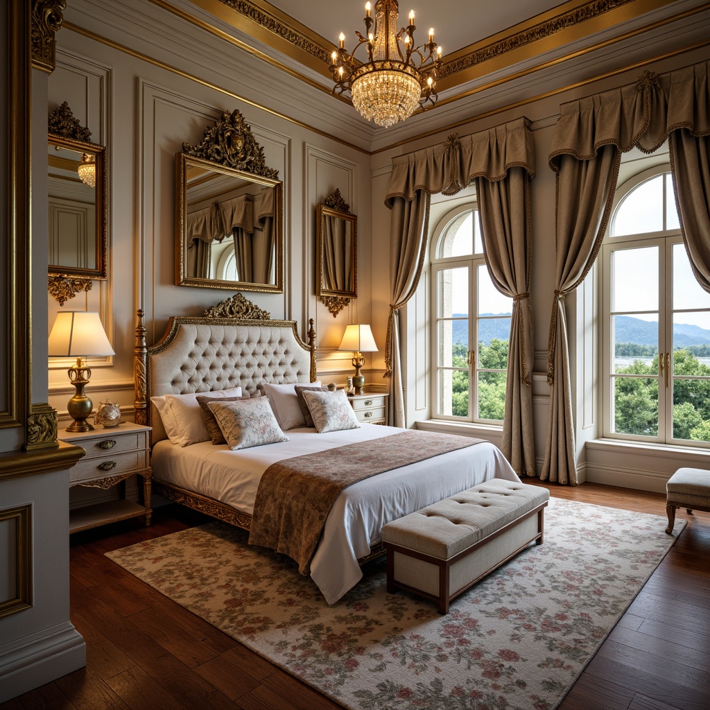 Prompt: Luxurious bedroom, ornate gold frames, delicate carvings, soft pastel hues, plush velvet fabrics, intricate floral patterns, curved lines, ornamental mirrors, crystal chandeliers, rich wood furnishings, tufted upholstery, lavish drapery, French provincial architecture, idyllic countryside views, warm candlelight, shallow depth of field, 1/1 composition, romantic ambiance, exquisite textures, subtle ambient occlusion.