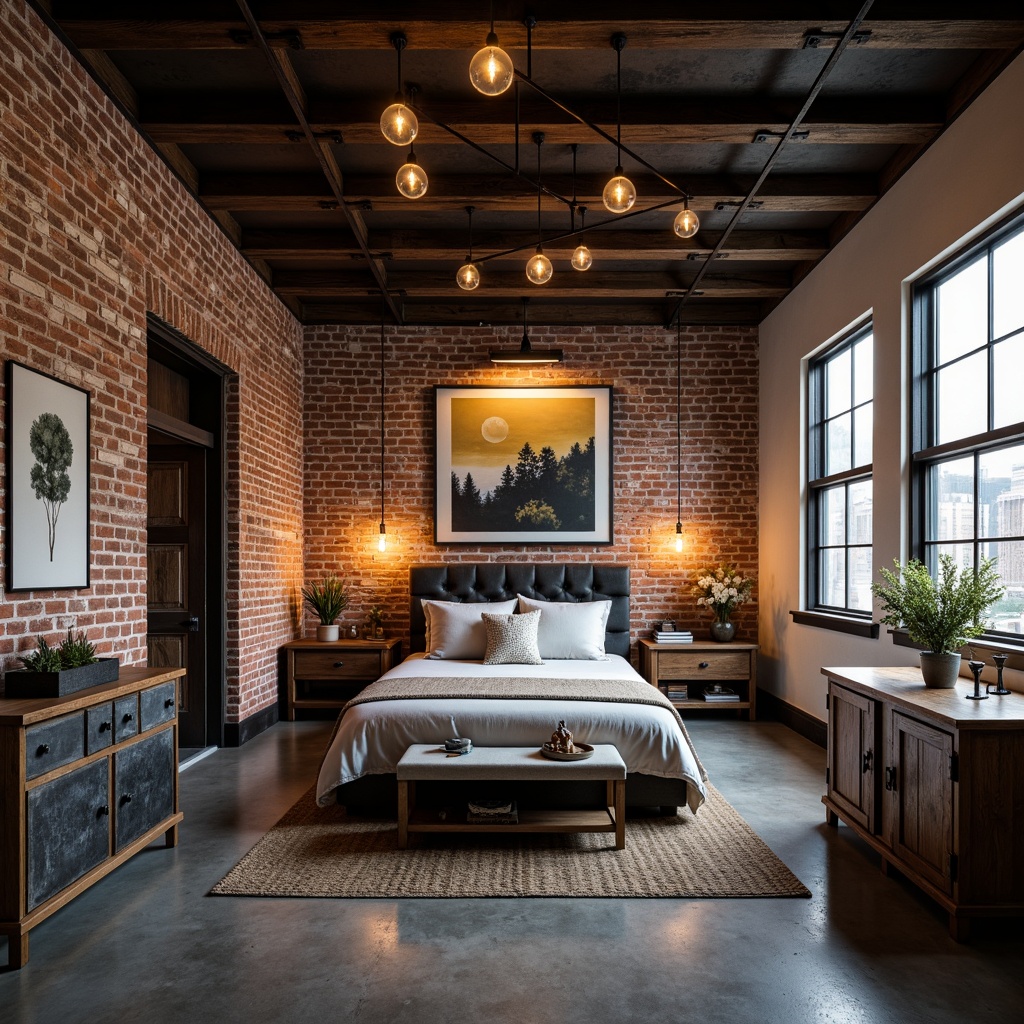 Prompt: Industrial bedroom, exposed brick walls, metal beams, reclaimed wood furniture, distressed finishes, vintage decor, Edison bulbs, pendant lamps, industrial-style chandeliers, warm ambient lighting, soft warm glow, subtle shadows, cozy atmosphere, dimmable LED strips, under-bed lighting, floor-to-ceiling windows, natural daylight, moody color palette, urban loft vibe, modern minimalist style, functional simplicity, raw concrete floors, metal accents, industrial-chic decor.