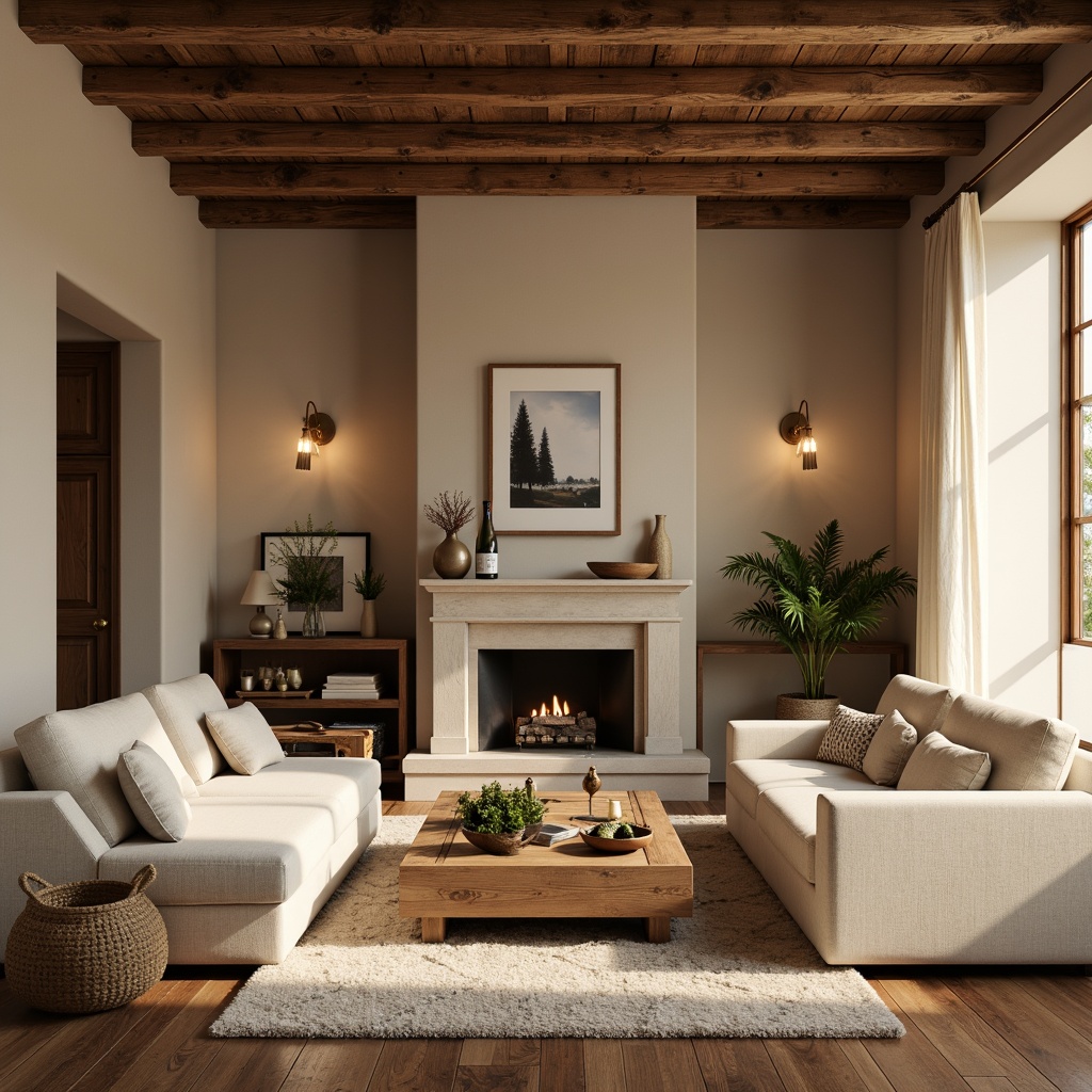 Prompt: Cozy living room, warm beige walls, rich walnut wood furniture, soft cream-colored sofas, plush area rugs, golden lighting fixtures, natural stone fireplace, earthy brown accents, calming ambiance, inviting atmosphere, warm color palette, 1/1 composition, intimate setting, softbox lighting, realistic textures.