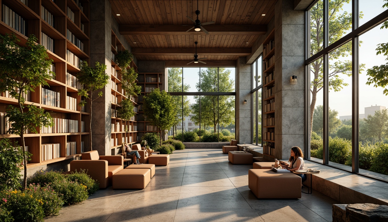 Prompt: Cozy library atmosphere, natural stone walls, reclaimed wood shelving, earthy color palette, lush greenery, hanging plants, wooden reading tables, comfortable leather chairs, soft warm lighting, floor-to-ceiling windows, panoramic views, minimalist decor, subtle texture variations, organic shapes, eco-friendly materials, sustainable design, peaceful ambiance, morning sunlight, gentle breeze, 1/1 composition, realistic textures, ambient occlusion.