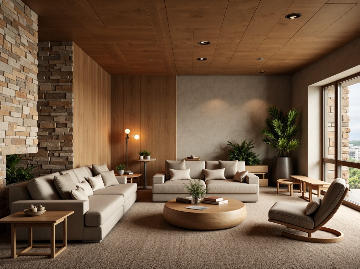 Prompt: Cozy living room, textured walls, earthy tones, natural stone accents, warm beige colors, plush carpeting, comfortable sofas, wooden coffee tables, soft warm lighting, shallow depth of field, 3/4 composition, realistic textures, ambient occlusion.