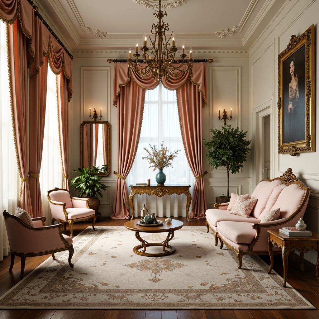 Prompt: Luxurious Rococo dorm, ornate furniture, rich velvet fabrics, soft golden lighting, delicate lace details, pastel color palette, pale pink accents, creamy whites, subtle turquoise hints, intricate carvings, gilded mirrors, lavish drapery, ornamental patterns, warm beige tones, elegant chandelier, refined French inspiration, opulent textures, shallow depth of field, 1/1 composition, soft focus, romantic atmosphere.