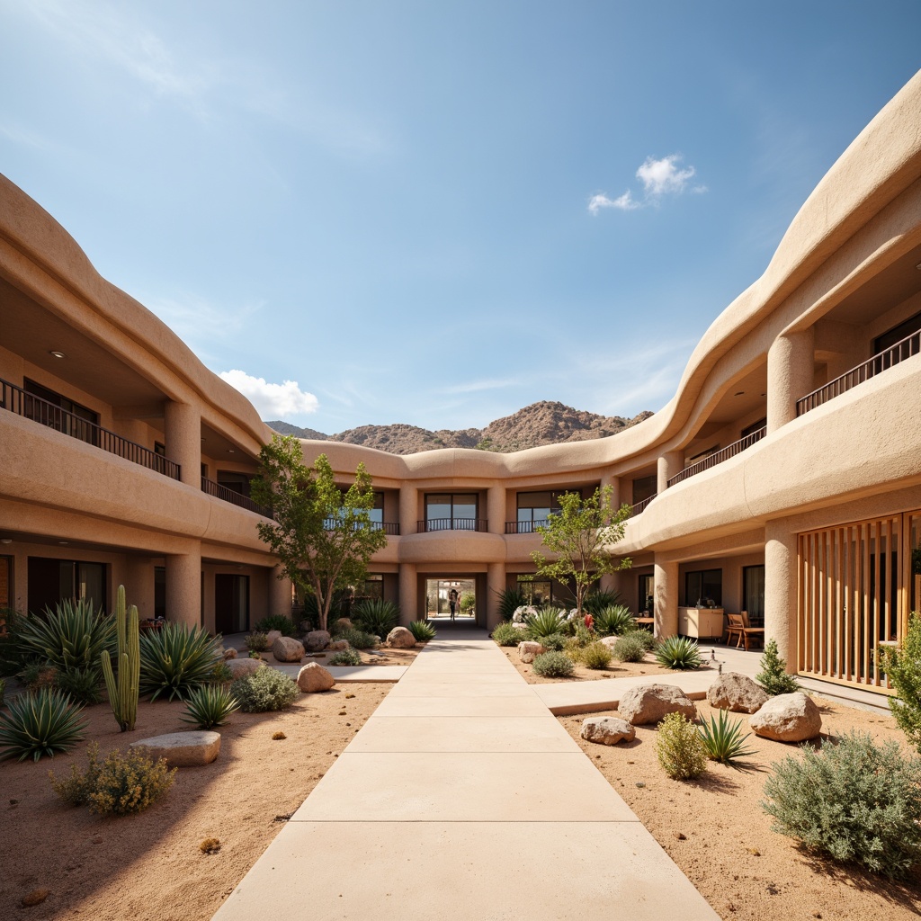 Prompt: Earthy-toned hospital exterior, adobe-inspired architecture, curved lines, natural stone walls, wooden accents, vast desert landscape, cacti and succulents, warm sandy dunes, clear blue sky, abundant natural light, clerestory windows, skylights, open-air courtyards, shaded walkways, earthy color palette, organic textures, minimalist decor, serene ambiance, soft warm lighting, shallow depth of field, 3/4 composition, realistic rendering, ambient occlusion.