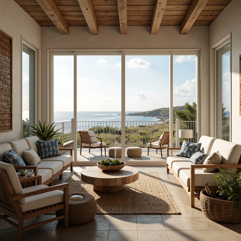 Prompt: Coastal living room, large windows, sliding glass doors, ocean views, natural light pouring in, soft warm glow, beachy vibe, driftwood furniture, sea-inspired decor, calming color palette, sandy neutrals, blues and whites, woven textiles, jute rugs, sheer curtains, minimal ornamentation, organic shapes, rustic wood accents, plants and greenery, sunny day, gentle breeze, 1/1 composition, shallow depth of field, realistic textures, ambient occlusion.