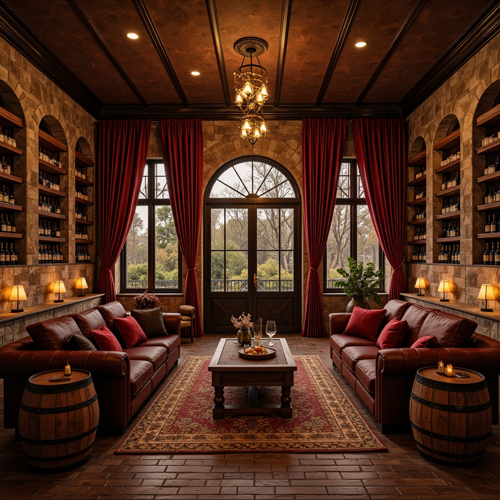 Prompt: Luxurious wine cellar, rich wood tones, ornate metalwork, velvet drapes, dimmed warm lighting, stone walls, rustic brick flooring, wooden wine crates, elegant chandeliers, plush area rugs, comfortable leather sofas, wooden barrel tables, wrought iron chairs, crystal wine glasses, ambient candlelight, soft background music, 1/1 composition, shallow depth of field, realistic textures.