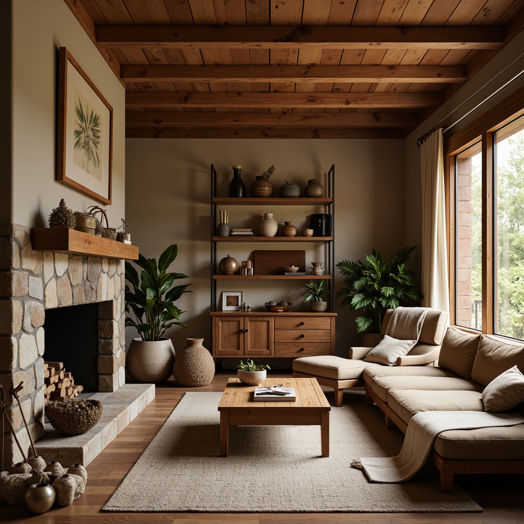 Prompt: Earthy craftsman interior, wooden accents, natural materials, warm beige tones, rich brown hues, rustic metal fixtures, vintage decorative items, plush textiles, earthy ceramics, stone fireplace, cozy reading nook, soft warm lighting, shallow depth of field, 3/4 composition, realistic textures, ambient occlusion.