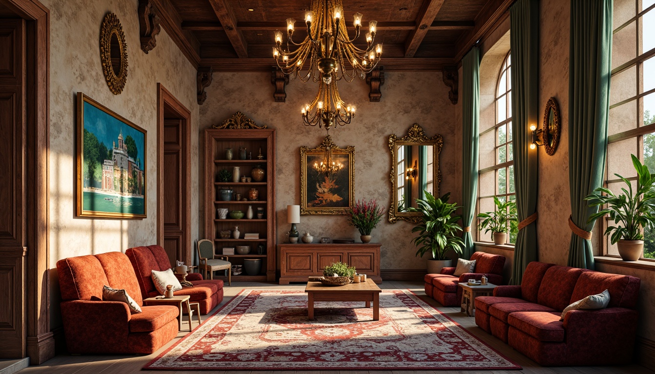 Prompt: Vintage distressed walls, eclectic artwork, ornate mirrors, rustic wooden accents, bold colorful rugs, plush velvet drapes, statement lighting fixtures, reclaimed wood shelves, decorative archways, richly patterned upholstery, opulent chandeliers, warm golden lighting, shallow depth of field, 1/2 composition, realistic textures, ambient occlusion.