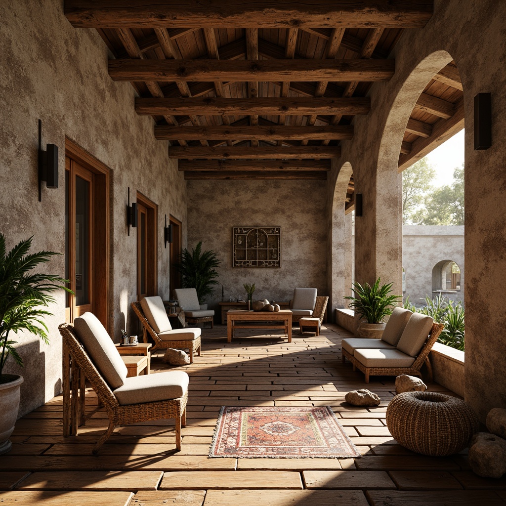 Prompt: Rustic wooden planks, weathered stone walls, rough-hewn boulders, intricate tile mosaics, woven wicker furniture, distressed metal accents, rich velvet fabrics, ornate carved details, warm golden lighting, shallow depth of field, 1/1 composition, realistic textures, ambient occlusion.