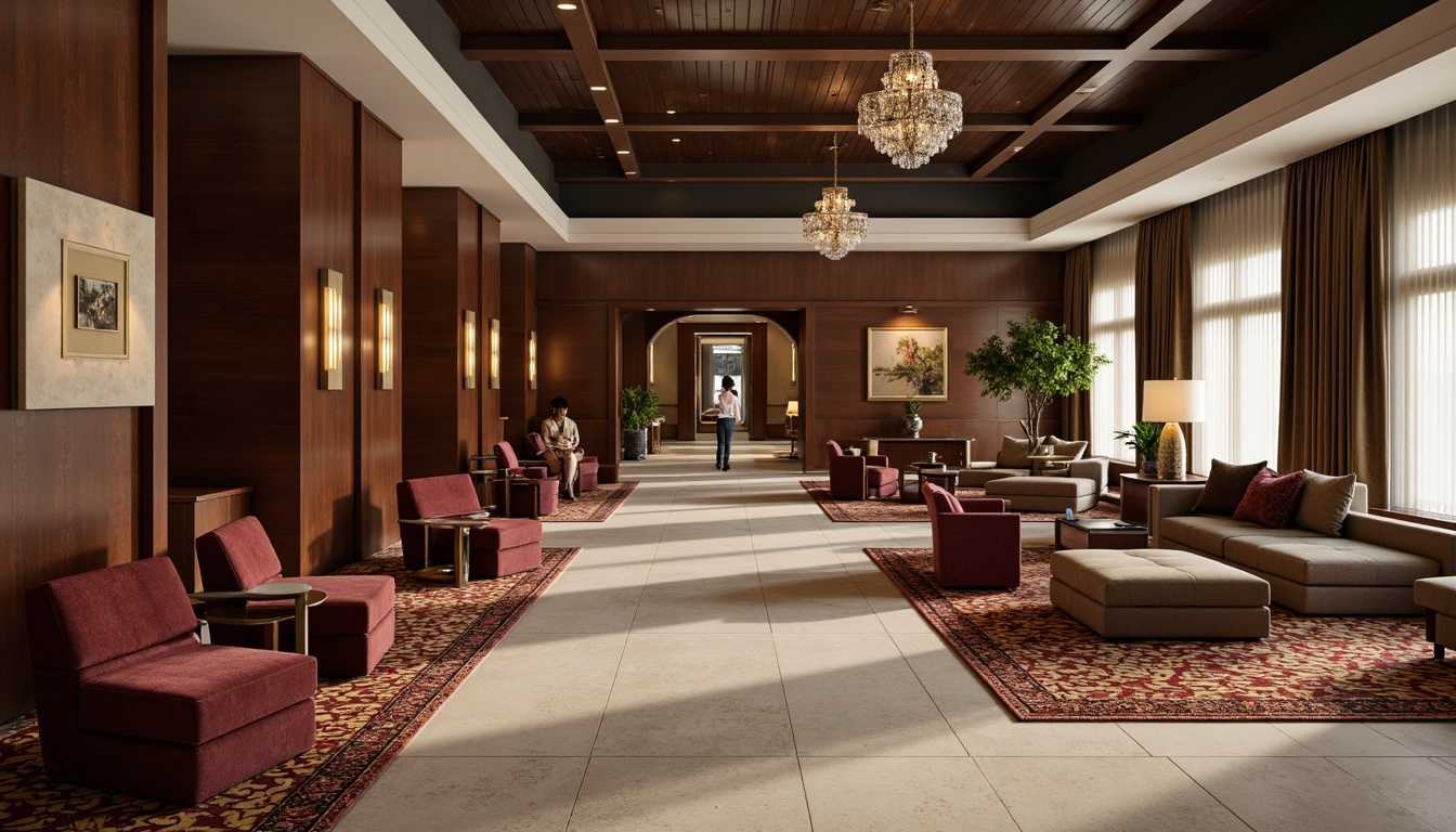 Prompt: Luxurious hotel lobby, plush carpets, velvet sofas, patterned rugs, metallic accents, crystal chandeliers, rich wood tones, soft diffused lighting, 3/4 composition, intimate atmosphere, upscale ambiance, modern minimalist design, neutral color palette, sound-absorbing materials, stain-resistant fabrics, high-traffic durability, elegant drapery, subtle textures, sophisticated patterns.