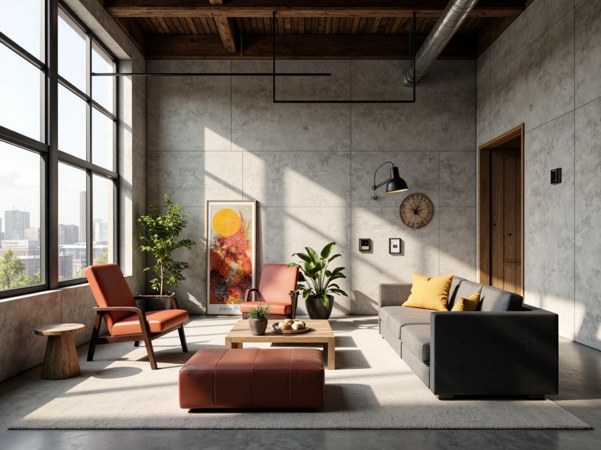 Prompt: Raw concrete walls, industrial metal beams, minimalist decor, brutalist architecture, innovative furniture design, geometric shapes, bold color accents, sleek leather upholstery, reclaimed wood accents, metallic lighting fixtures, abstract sculptures, urban loft atmosphere, natural light pouring through large windows, high ceilings, 1/1 composition, dramatic shadows, realistic textures, ambient occlusion.