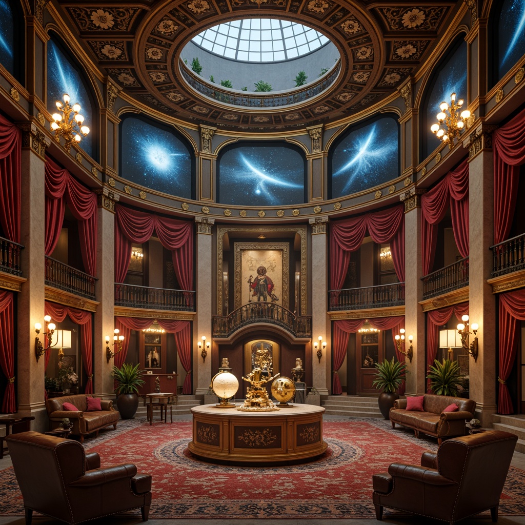 Prompt: Richly ornamented planetarium interior, lavish velvet drapes, intricately carved wooden panels, ornate metalwork, majestic stone columns, luxurious leather-bound furniture, tufted upholstery, gilded accents, crystal chandeliers, starry night sky projections, celestial body models, antique astronomical instruments, warm golden lighting, soft focus, atmospheric mist, 1/1 composition, symmetrical framing, opulent textures, detailed normal maps.