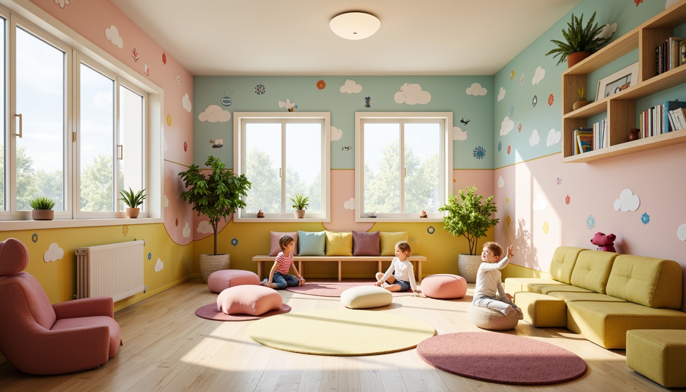 Prompt: Vibrant kindergarten, bright colors, playful atmosphere, whimsical illustrations, soft pastel hues, creamy whites, warm wood accents, cozy reading nooks, interactive play areas, educational murals, alphabet wallpapers, rounded shapes, gentle lighting, shallow depth of field, 1/2 composition, realistic textures, ambient occlusion.