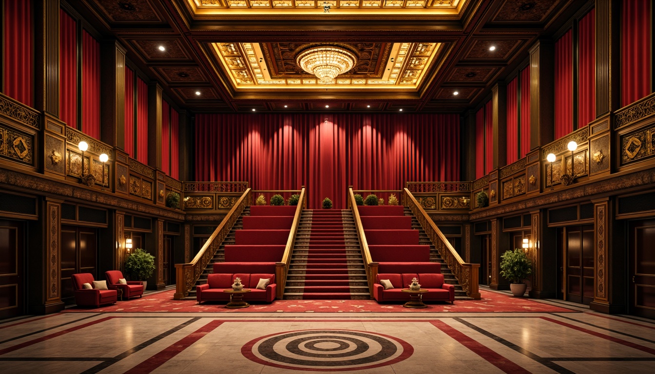 Prompt: Luxurious cinema interior, ornate gold accents, rich velvet curtains, deep red carpets, polished marble floors, intricate geometric patterns, opulent chandeliers, soft warm lighting, subtle shadowing, high-contrast color palette, metallic silver highlights, bold black outlines, lavish furnishings, nostalgic 1920s ambiance, grandiose staircases, ornamental ironwork, dramatic ceiling designs, cinematic camera angles, low-angle shots, symmetrical composition, rich textures, ambient occlusion.