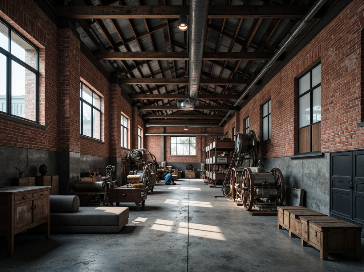 Prompt: Industrial-chic factory, exposed brick walls, metal beams, reclaimed wood accents, distressed finishes, urban cityscape, gritty textures, moody lighting, dramatic shadows, desaturated colors, muted tones, industrial grey, rusty red, weathered copper, faded blue, worn concrete, vintage machinery, functional decor, utilitarian aesthetic, high-contrast composition, cinematic atmosphere, realistic rendering.