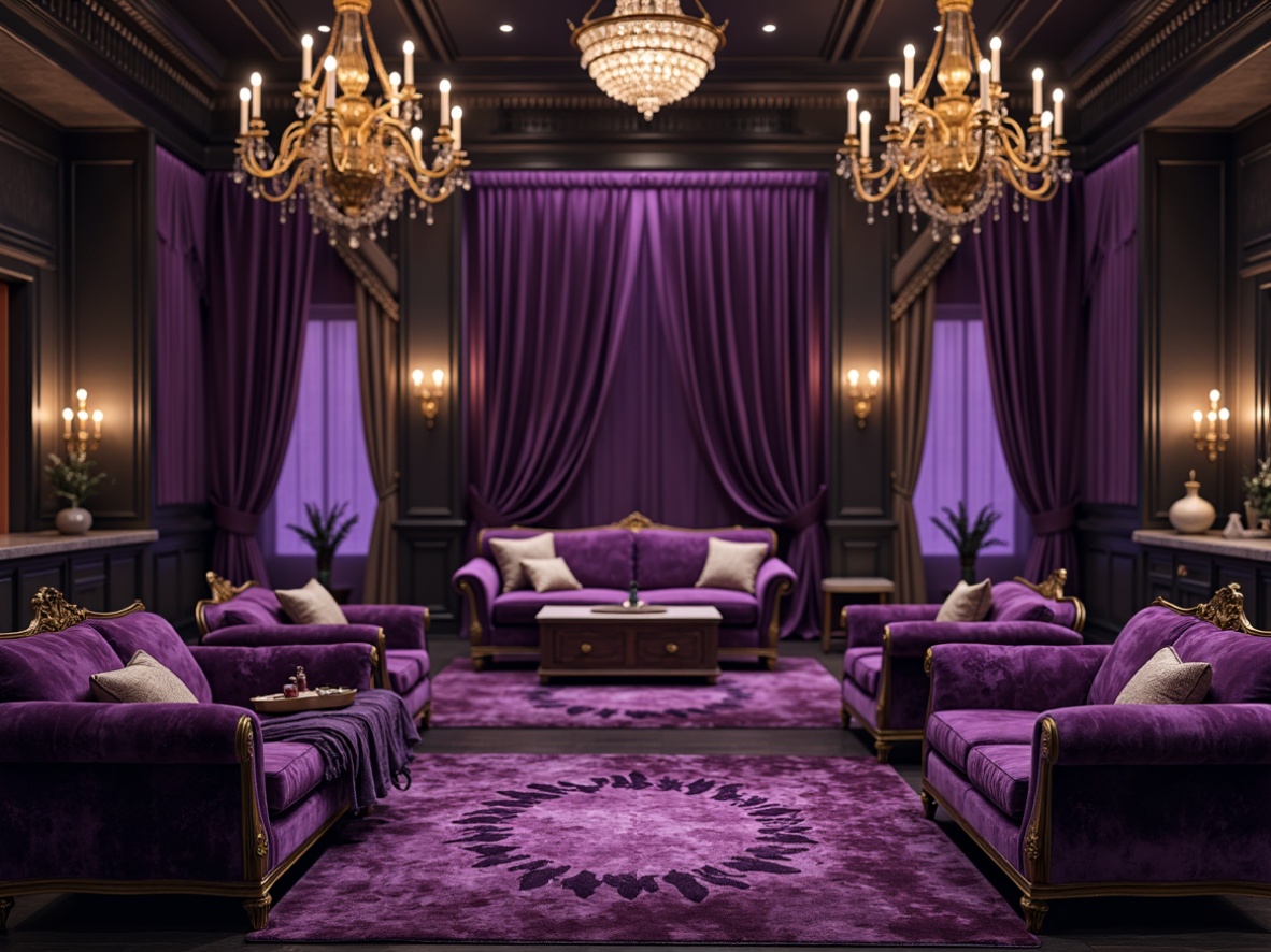 Prompt: \Rich amethyst gemstones, luxurious velvet fabrics, deep plum hues, soft lavender accents, metallic bronze details, ornate gold filigree, mysterious dark woods, lavish crystal chandeliers, regal purple drapes, warm candlelight ambiance, shallow depth of field, 1/1 composition, realistic textures, ambient occlusion.\Let me know if you need any adjustments!