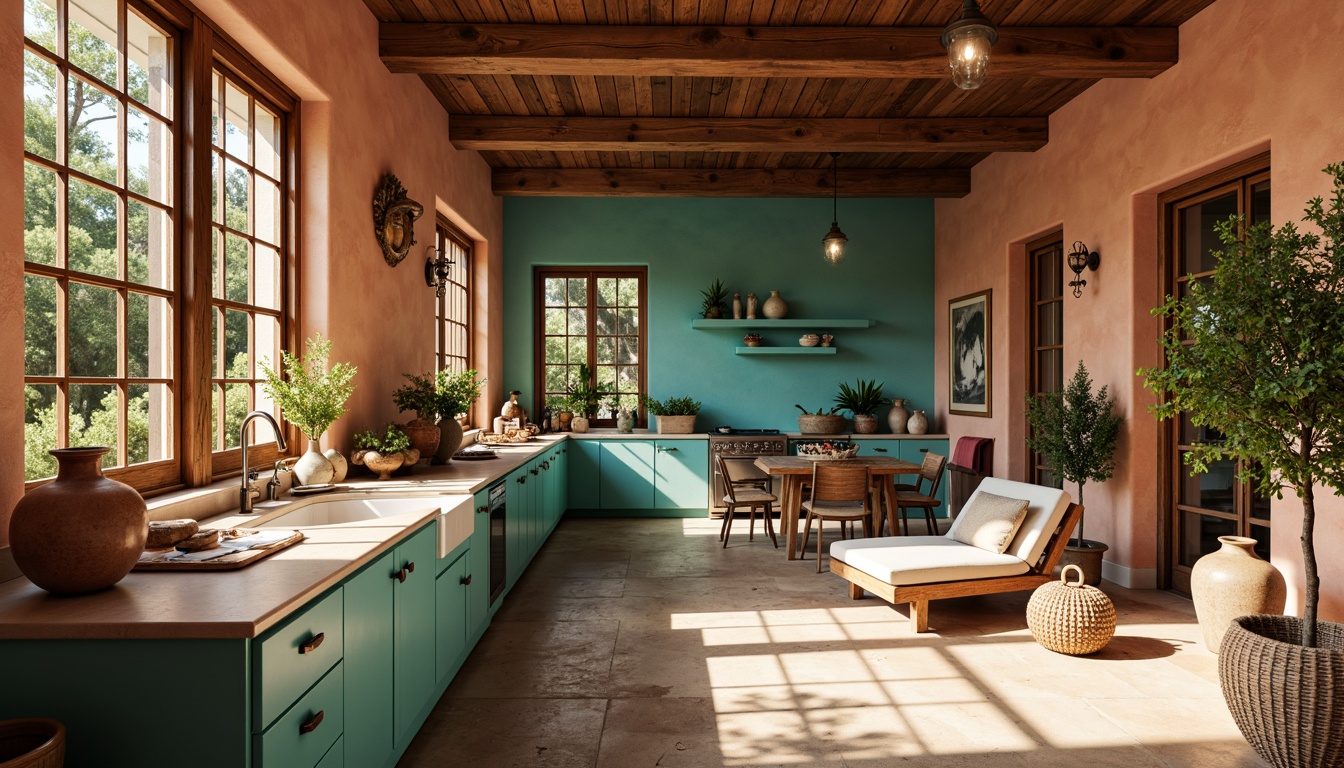 Prompt: Vibrant turquoise accents, earthy terracotta tones, rustic wooden cabinetry, wrought iron lighting fixtures, ornate copper faucets, desert-inspired tilework, sandy beige stone flooring, southwestern-style pottery, woven wicker baskets, lush green plants, warm sunny lighting, shallow depth of field, 3/4 composition, realistic textures, ambient occlusion.