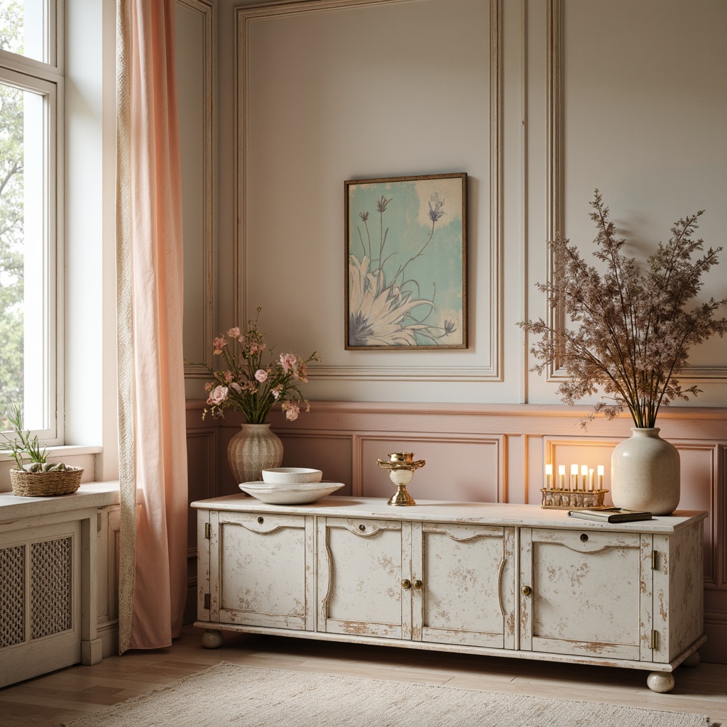 Prompt: Soft, romantic interiors, distressed finishes, vintage accessories, pastel hues, gentle peach tones, creamy whites, warm beiges, pale pinks, muted lavenders, soft sage greens, elegant gold accents, ornate metalwork, intricate patterns, floral motifs, lace details, feminine touches, natural textiles, linen fabrics, cotton laces, subtle sheens, warm candlelight, cozy atmosphere, inviting ambiance.