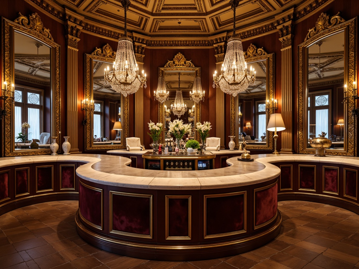 Prompt: Ornate bar counter, gold leaf accents, curved silhouette, luxurious velvet upholstery, rich wood tones, marble countertops, crystal chandeliers, grandiose mirrors, antique bronze fixtures, intricate carvings, lavish ornamentation, warm golden lighting, shallow depth of field, 2/3 composition, dramatic shadows, realistic reflections, ambient occlusion.