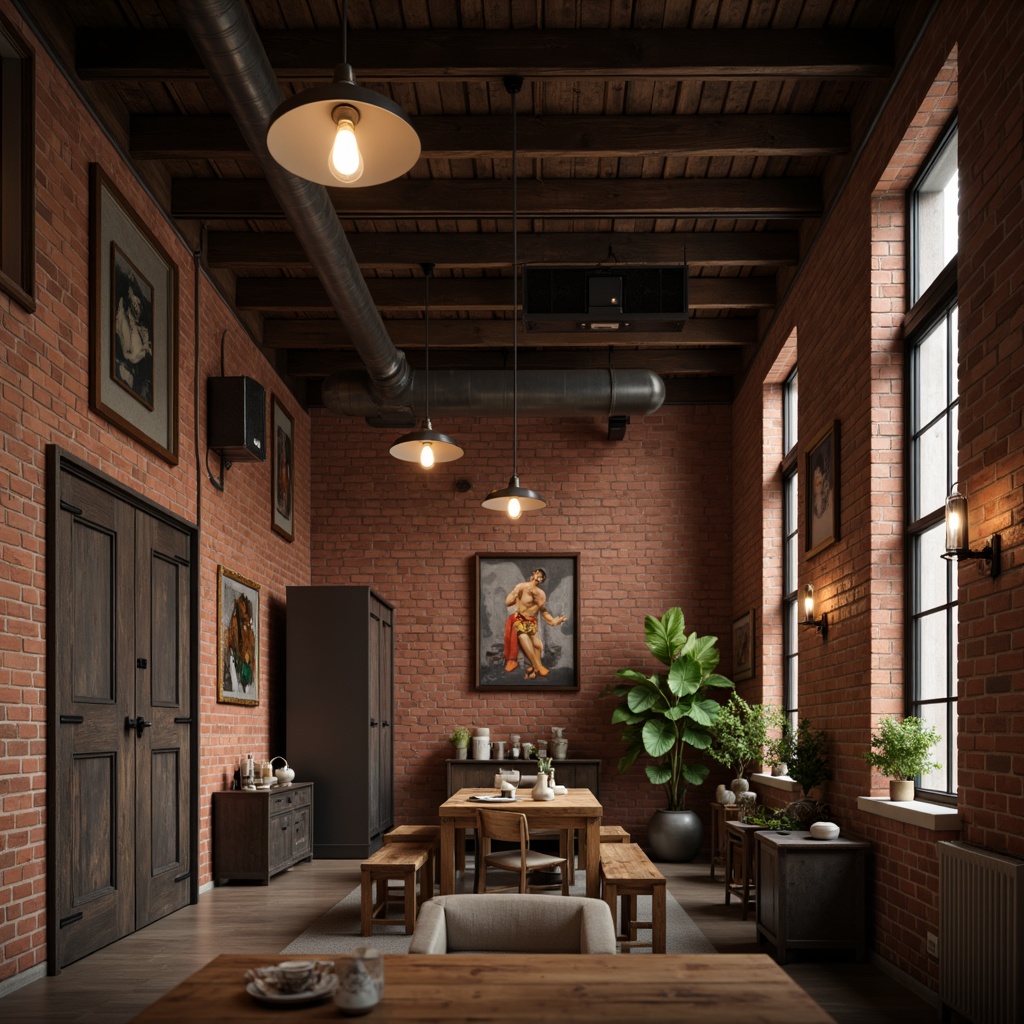 Prompt: Exposed brick walls, metal beams, reclaimed wood accents, industrial-style lighting fixtures, pendant lamps, metal shades, Edison bulbs, vintage factory elements, rustic metal lanterns, distressed finishes, urban loft atmosphere, dimmable warm lighting, soft shadows, 1/2 composition, realistic textures, ambient occlusion.