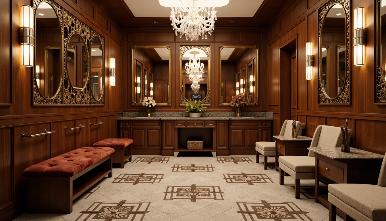 Prompt: Luxurious Art Deco mudroom, rich wood paneling, geometric patterned flooring, metallic accents, ornate mirrors, crystal chandeliers, velvet upholstered benches, marble countertops, polished chrome fixtures, soft warm lighting, shallow depth of field, 1/1 composition, realistic textures, ambient occlusion.