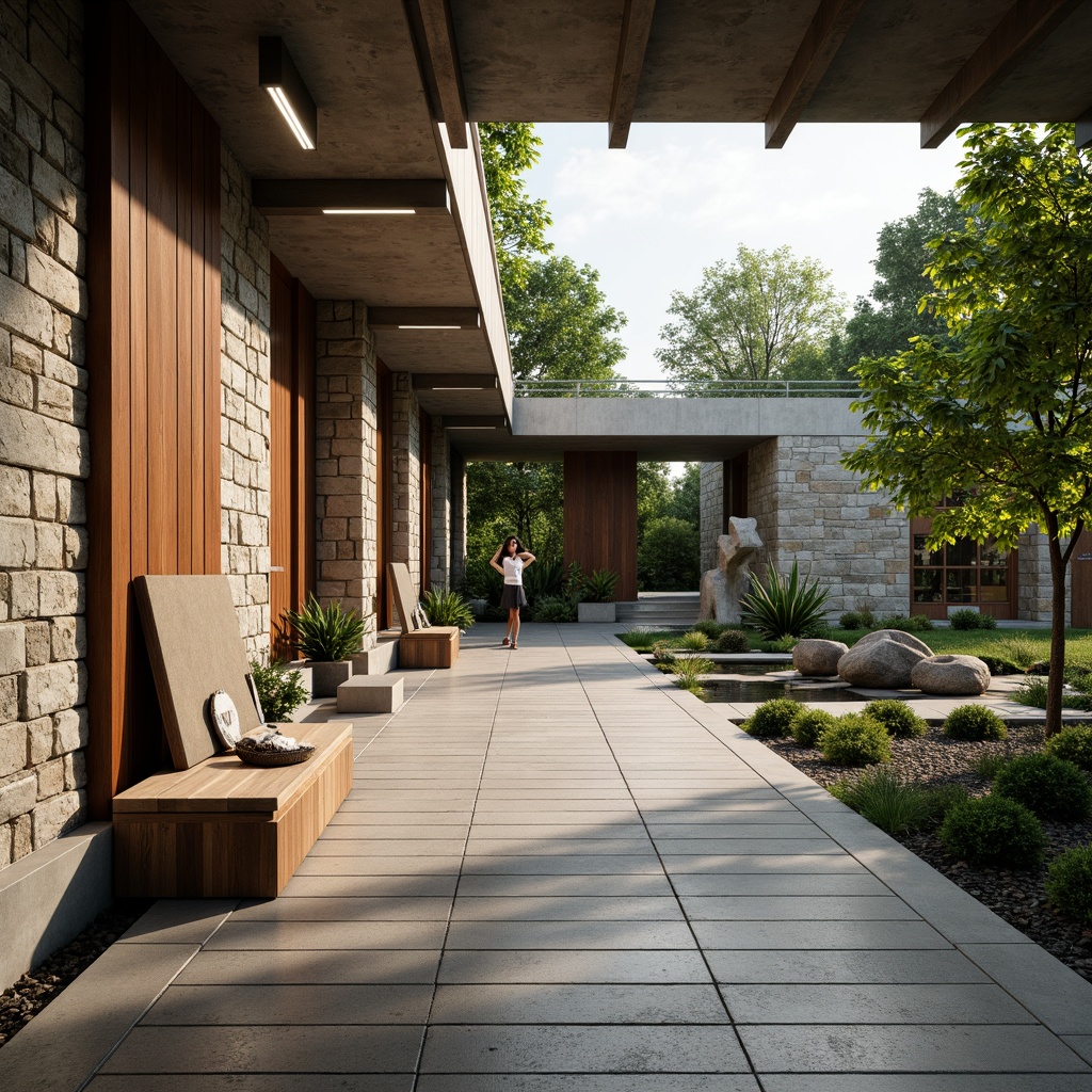 Prompt: Weathered stone walls, reclaimed wood accents, exposed concrete ceilings, industrial metal beams, earthy tone color palette, natural light pouring in, memorial garden with lush greenery, serene water features, abstract sculptures, minimalist benches, solemn ambiance, warm subtle lighting, shallow depth of field, 3/4 composition, panoramic view, realistic textures, ambient occlusion.