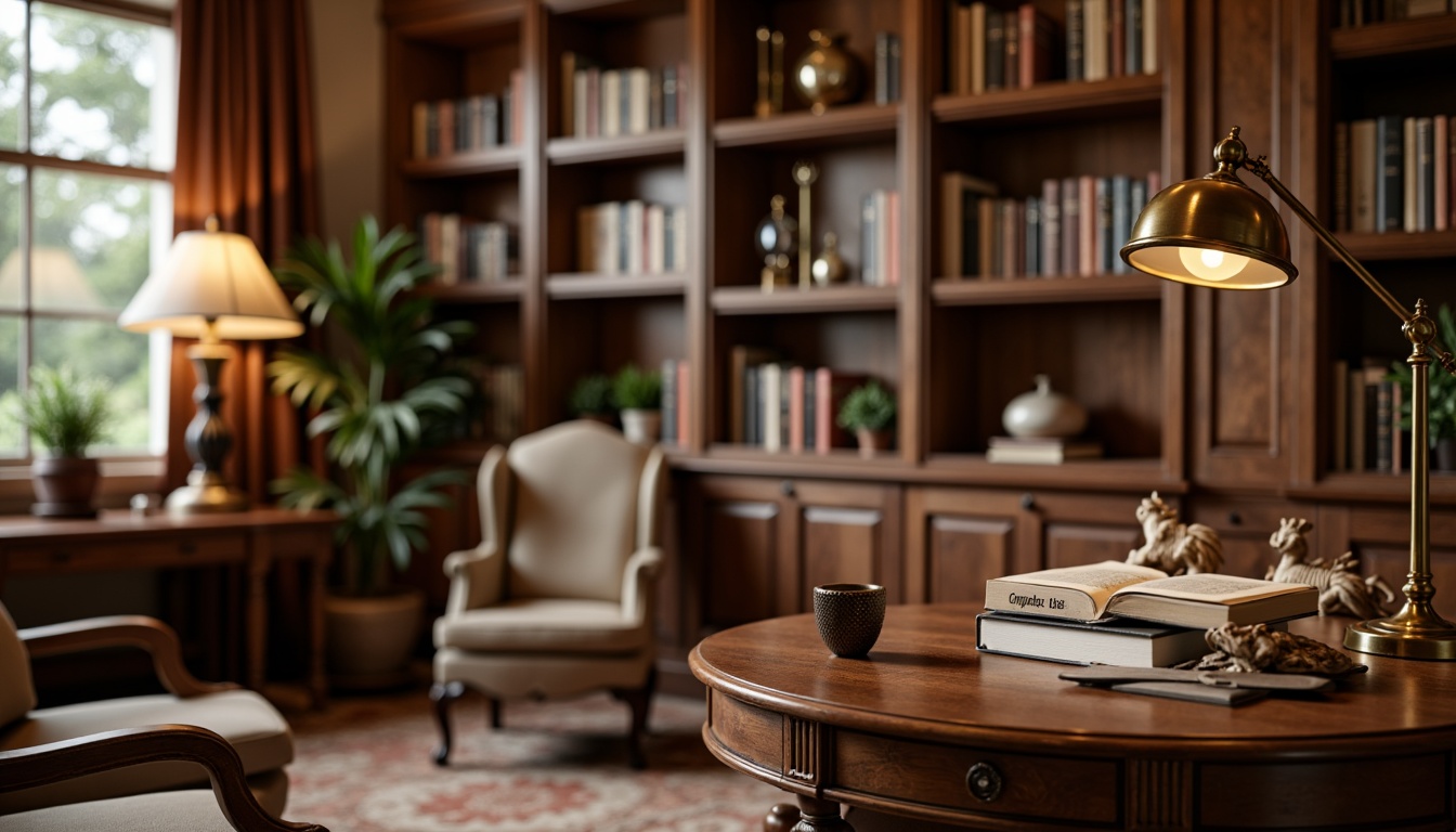 Prompt: Warm traditional home office, rich wood furniture, leather-bound books, ornate metal fixtures, classic desk lamps, soft warm lighting, bronze finishes, intricate carvings, comfortable reading nook, plush armchair, floor-to-ceiling bookshelves, warm beige walls, subtle texture, realistic materials, shallow depth of field, 1/1 composition, detailed render, ambient occlusion.