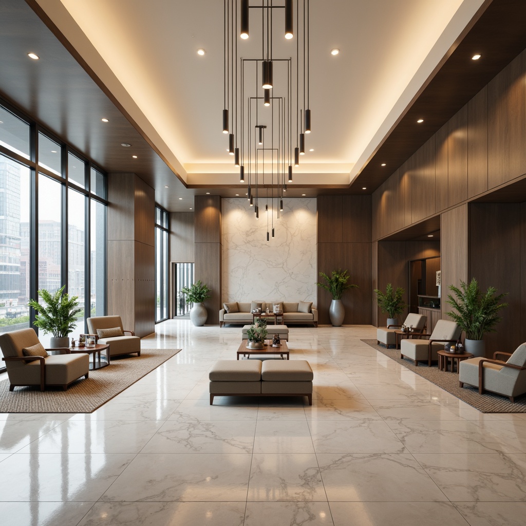 Prompt: Minimalist hotel lobby, sleek lines, monochromatic color scheme, polished marble floors, modern LED chandeliers, recessed lighting, floor-to-ceiling windows, natural daylight, warm ambiance, cozy seating areas, minimalist furniture, neutral tones, subtle textures, elegant simplicity, 1/1 composition, softbox lighting, ambient occlusion, realistic reflections.