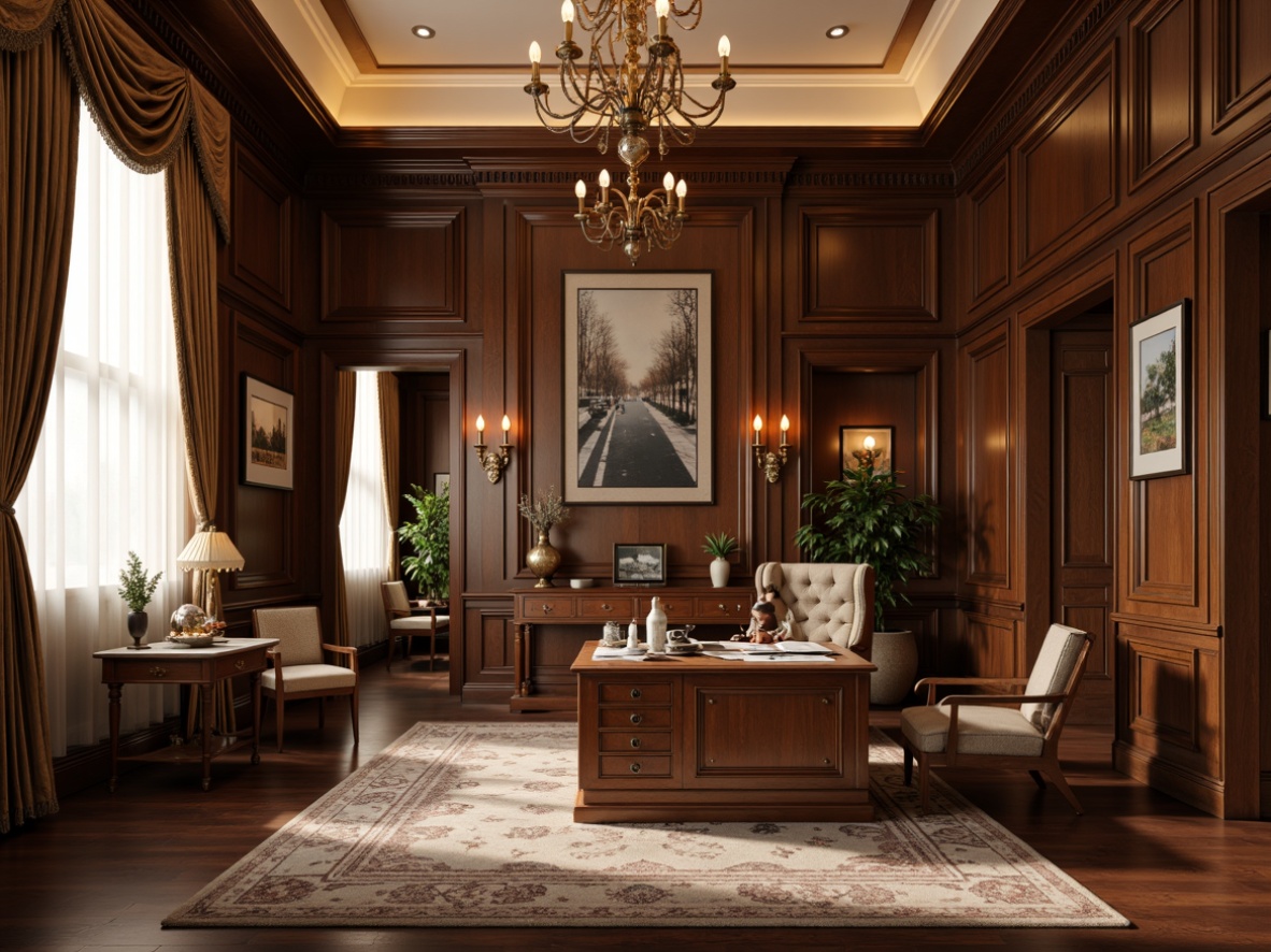 Prompt: Warm traditional office, rich wood tones, ornate furnishings, elegant chandeliers, soft warm lighting, table lamps, floor lamps, cozy reading nooks, comfortable seating areas, classic artwork, sophisticated color palette, cream-colored walls, dark wood flooring, luxurious textiles, subtle patterns, minimalist decor, natural light pouring in, sheer curtains, 1/2 composition, intimate atmosphere, realistic textures.