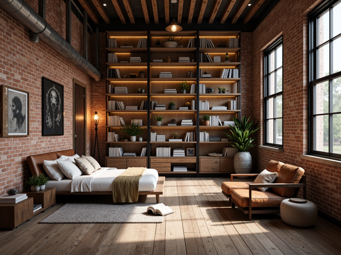 Prompt: Industrial-style bedroom with exposed brick walls, metal beams, reclaimed wood floors, functional furniture pieces, minimalist decor, urban loft ambiance, cozy reading nooks, floor-to-ceiling bookshelves, industrial-chic lighting fixtures, Edison bulb pendant lights, distressed leather upholstery, rich wood tones, vintage decorative accents, neutral color palette, natural textures, soft warm glow, shallow depth of field, 1/1 composition, realistic rendering.