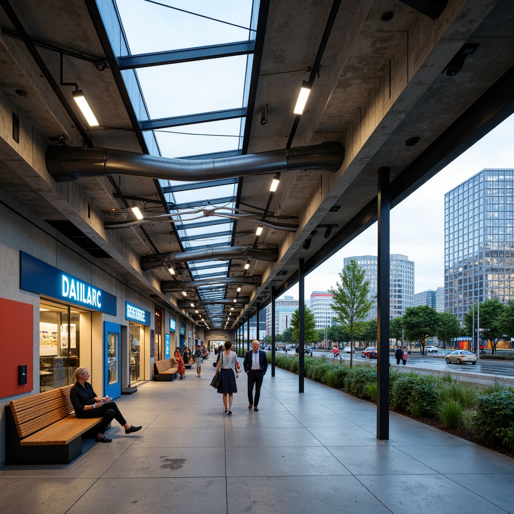 Prompt: Vibrant bus station, urban landscape, concrete structures, metal frames, transparent glass roofs, industrial chic aesthetic, exposed ductwork, polished stone floors, wooden benches, sleek LED lighting, dynamic signage, natural ventilation systems, energy-efficient solutions, green walls, living roofs, urban art installations, geometric patterns, bold color schemes, futuristic ambiance, shallow depth of field, 1/1 composition, realistic textures, ambient occlusion.