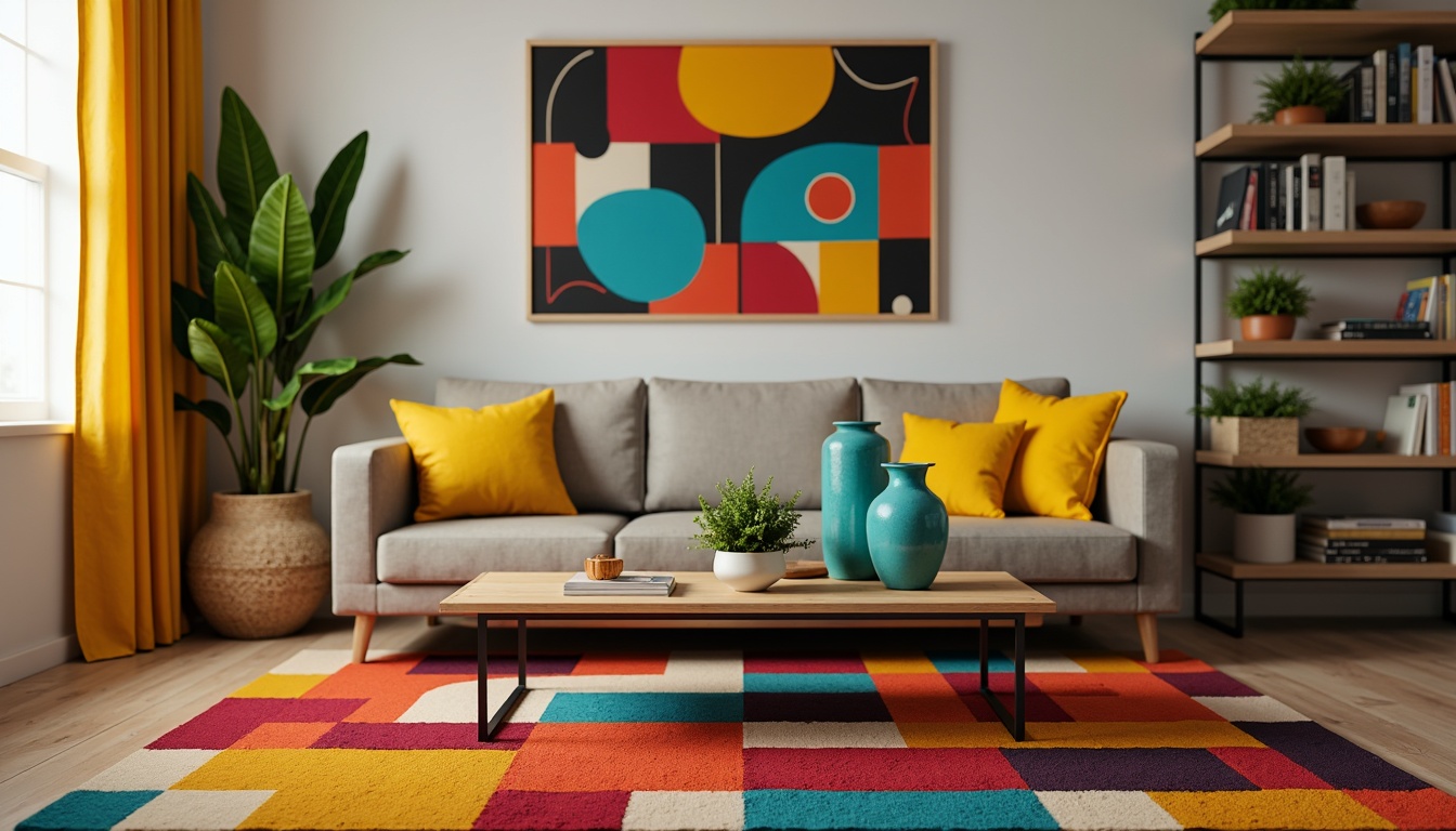 Prompt: Vibrant living room, bold color accents, geometric patterned rug, sleek modern sofa, bright yellow throw pillows, turquoise vases, abstract artwork, natural wood coffee table, minimalist metal legs, ambient warm lighting, shallow depth of field, 1/1 composition, realistic textures, soft focus effect.