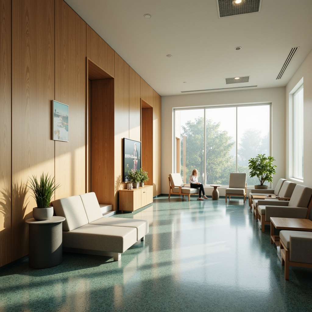 Prompt: Calming hospital interior, soft beige walls, warm wooden accents, soothing blue-green hues, natural stone floors, comfortable waiting areas, ergonomic seating, gentle ambient lighting, subtle texture variations, minimalist decor, serene atmosphere, shallow depth of field, 1/2 composition, realistic materials, atmospheric fogging.