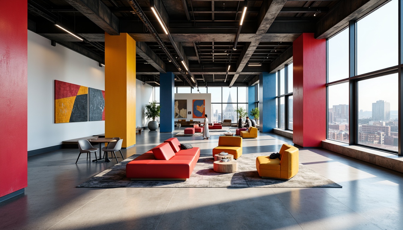 Prompt: Vibrant color accents, bold geometric shapes, industrial metal beams, polished concrete floors, minimalist furniture, functional lighting fixtures, abstract artwork, urban cityscape views, large windows, natural light pouring in, 1/1 composition, high contrast colors, avant-garde decor, futuristic ambiance, sleek lines, rectangular forms, primary color palette, contrasting textures, monochromatic tones.