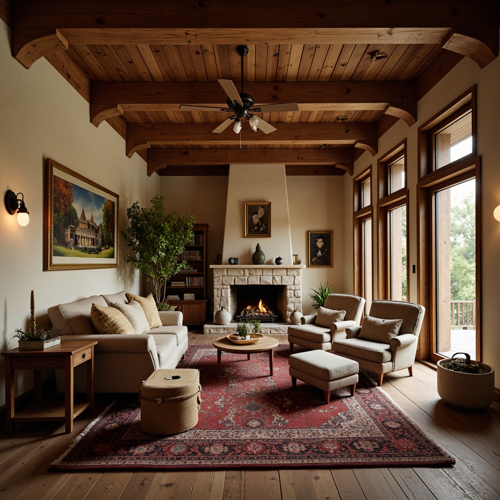 Prompt: Cozy living room, exposed wooden beams, natural wood textures, earthy color palette, rustic charm, vintage furniture, plush area rugs, warm ambient lighting, large stone fireplace, comfortable seating areas, wooden ceiling fans, rich wood tones, traditional craftsmanship, ornate trims, decorative corbels, natural material accents, inviting atmosphere, soft warm glow, shallow depth of field, 1/2 composition, realistic textures, subtle shadows.