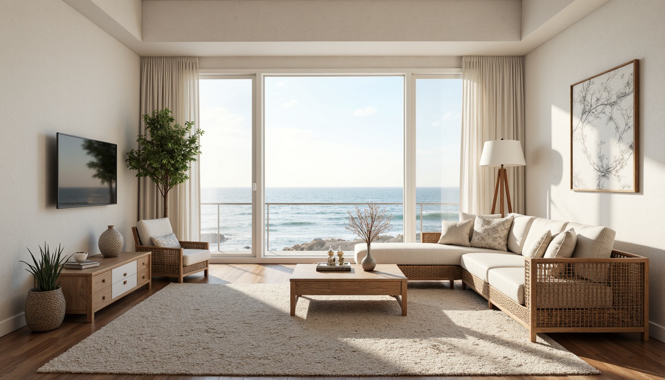 Prompt: Coastal living room, large windows, ocean views, natural light pouring in, soft warm glow, beachy vibe, driftwood accents, sea salt air, calming atmosphere, minimalist decor, creamy whites, blues and sandy neutrals, textured rugs, woven fibers, organic shapes, rattan furniture, shell decorations, coral patterns, subtle nautical themes, relaxed ambiance, 1/1 composition, shallow depth of field, soft focus, warm color palette.