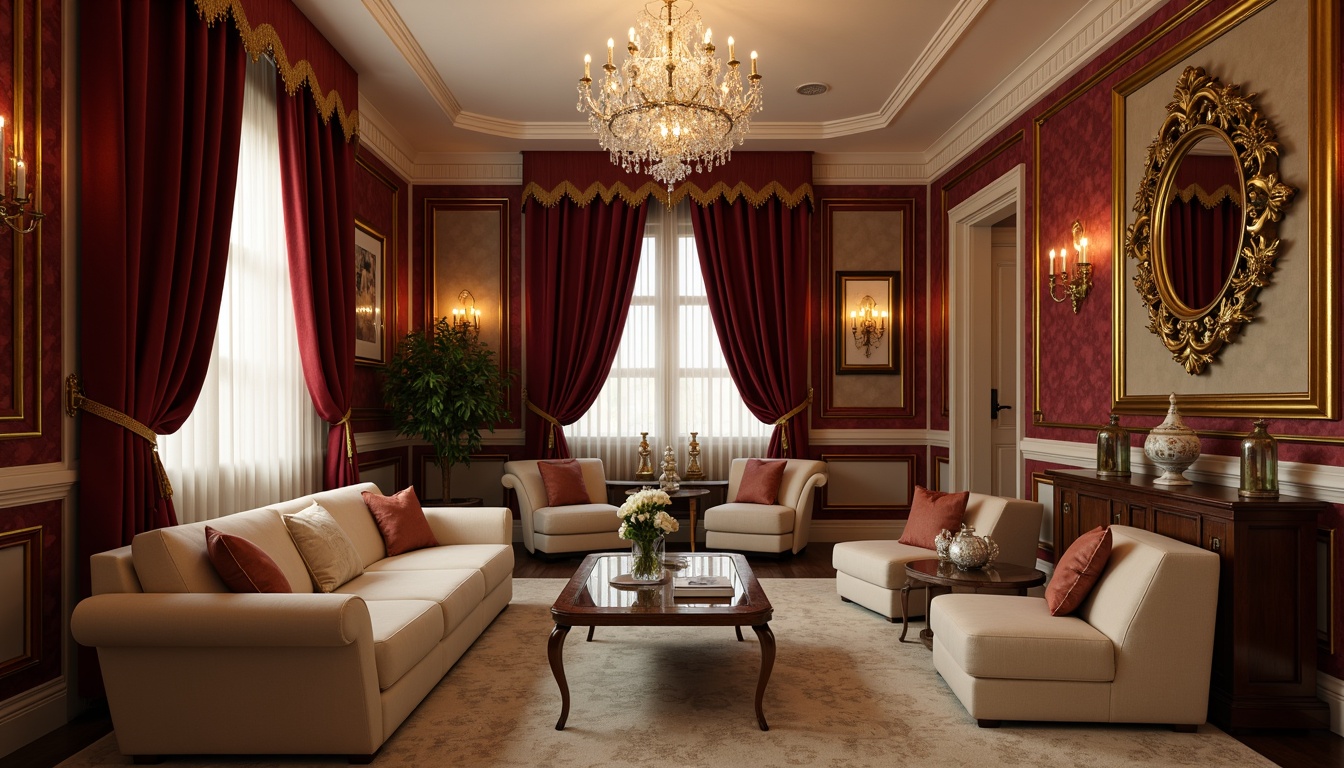 Prompt: Luxurious burgundy accent walls, rich velvet upholstery, warm beige flooring, ornate golden frames, crystal chandeliers, lavish drapery, soft cream-colored sofas, dark wood furniture, intricate patterns, subtle sheen fabrics, ambient warm lighting, cozy atmosphere, 1/2 composition, shallow depth of field, realistic textures, soft focus blur.