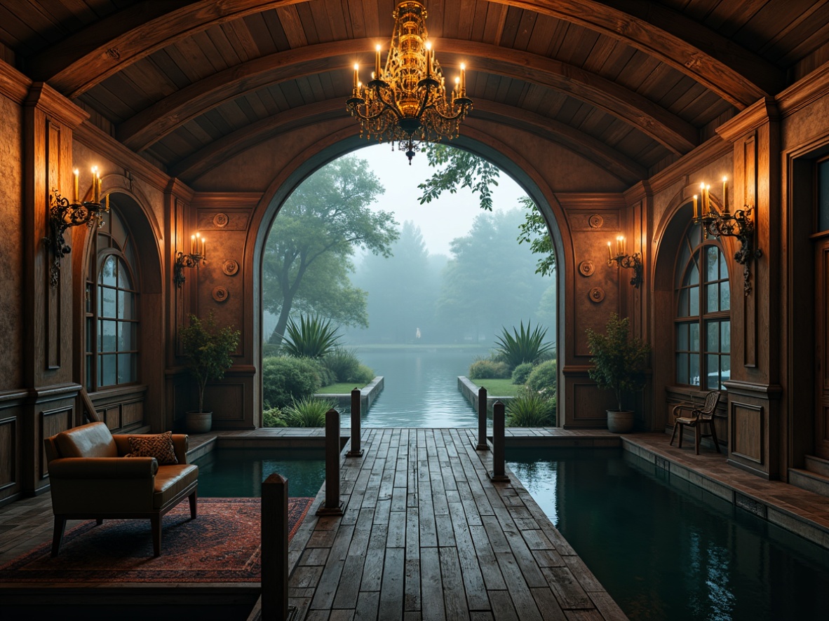 Prompt: Rustic wooden dock, eerie misty atmosphere, mysterious lake surroundings, ornate boathouse entrance, heavy stone walls, vaulted ceilings, grand chandeliers, lavish furnishings, velvet drapes, intricately carved wood panels, distressed finishes, rich jewel tones, warm golden lighting, dramatic staircases, gothic arches, nautical artifacts, vintage navigational instruments, antique furniture pieces, mysterious artifacts, foggy windows, dimly lit corners, 1/2 composition, soft focus, atmospheric rendering.